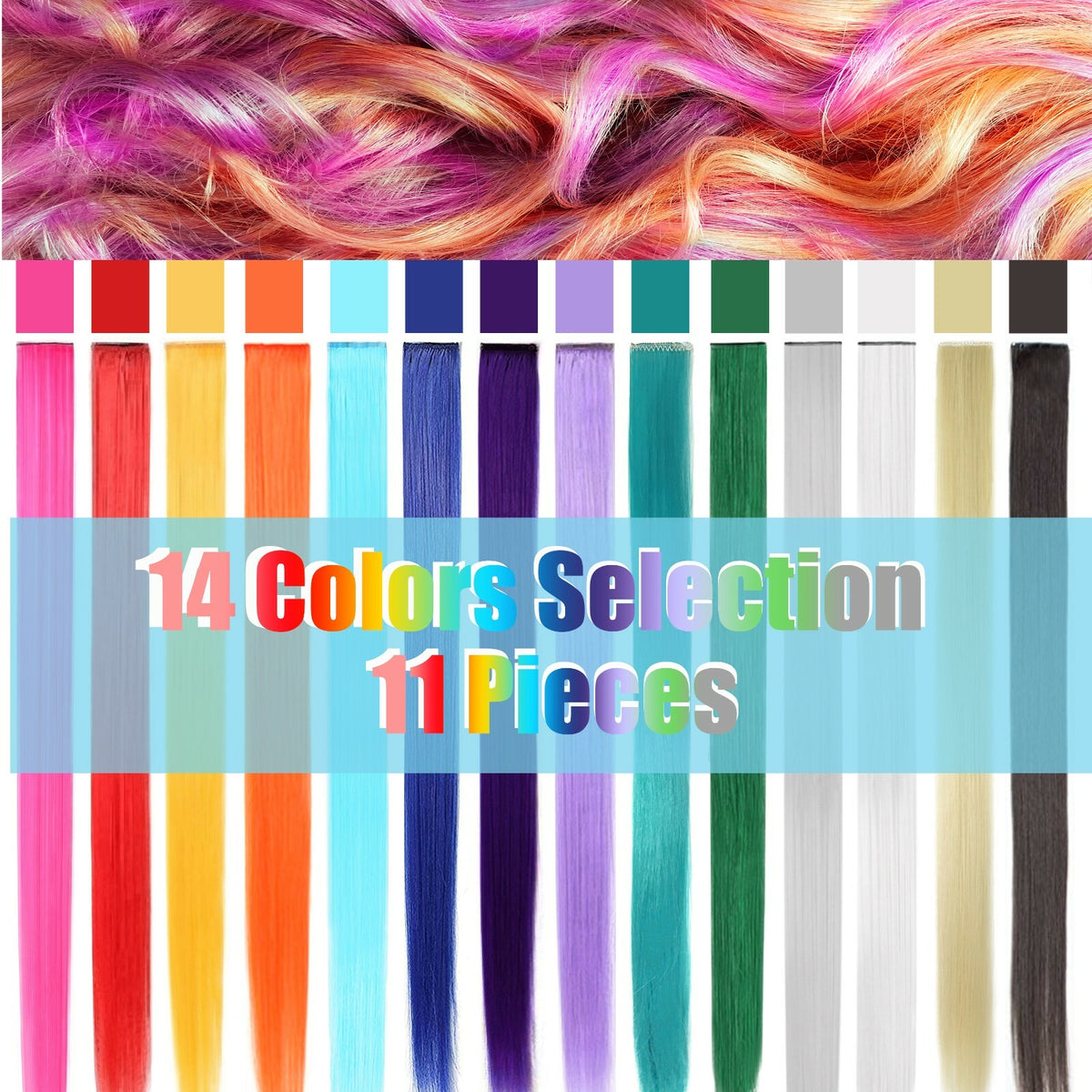 11 Pcs Clip-In Synthetic Hair Extensions - 21 Inch Colorful Straight Hair for Party & Cosplay