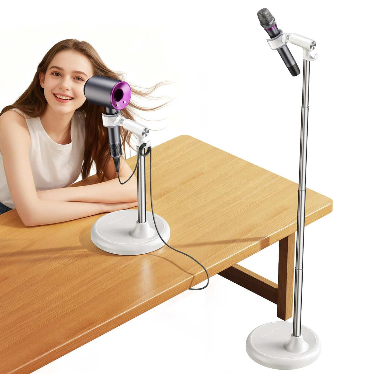 Adjustable Hands-Free Hair Dryer Stand 17-51 Inch Height with 360° Swivel & Hook