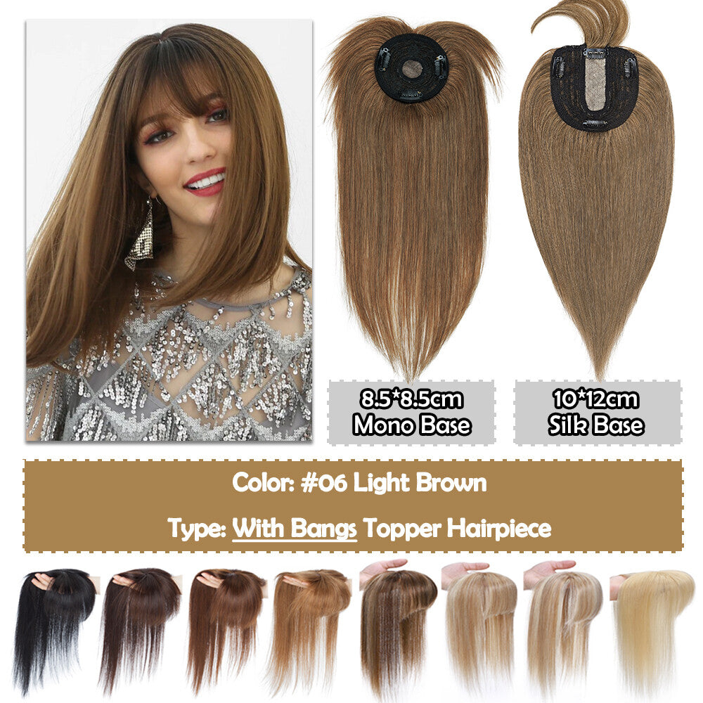 Human Hair Topper with Bangs Clip-In Remy Hairpiece for Thinning Hair