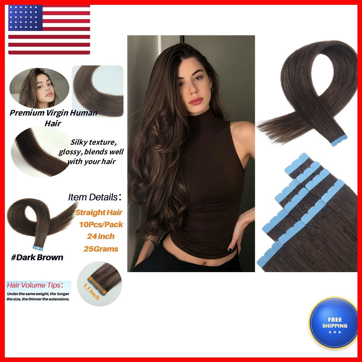 Mini Tape-In Hair Extensions Natural Brown 24 Inch - Real Human Hair