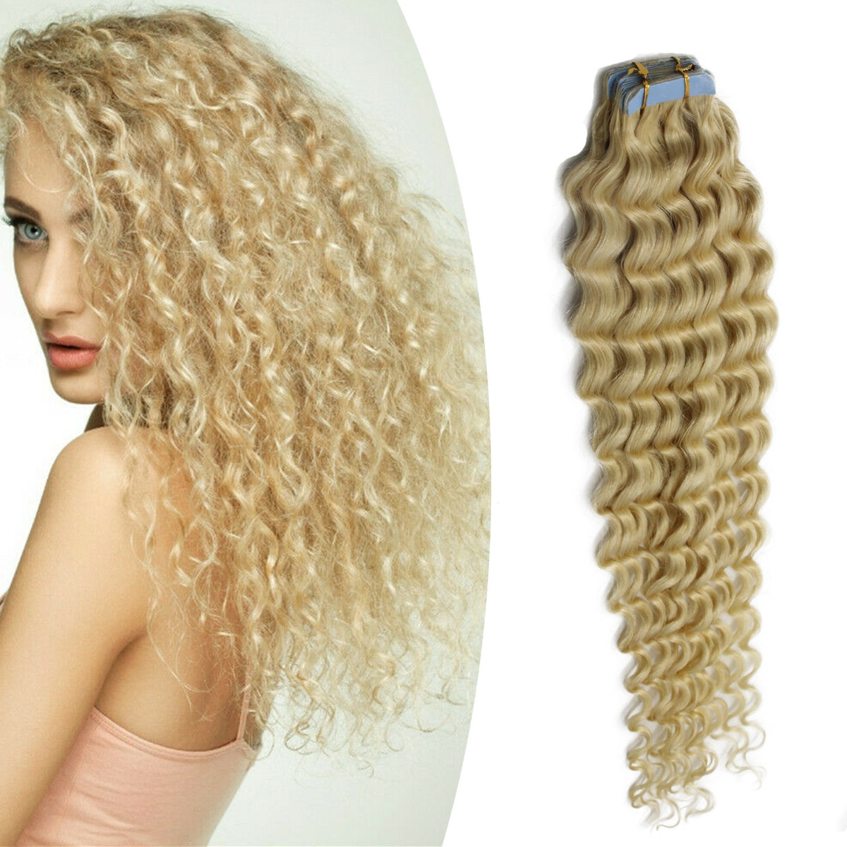 Remy Human Hair Extensions Seamless Tape-In Wefts 18 Inch Curly & Straight