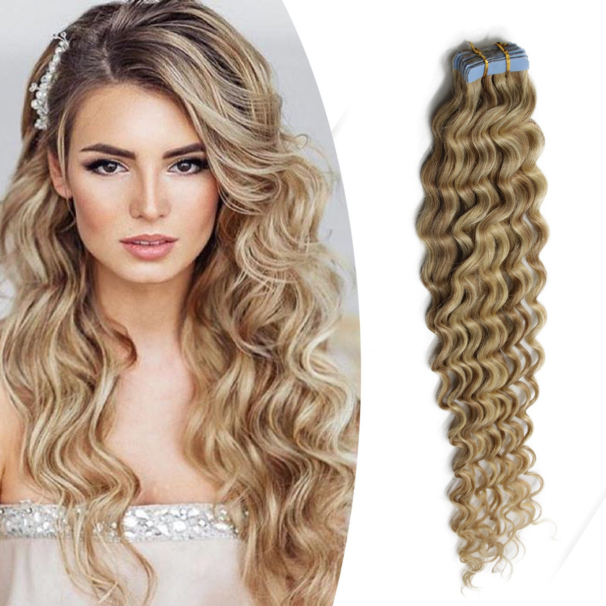 Remy Human Hair Extensions Seamless Tape-In Wefts 18 Inch Curly & Straight