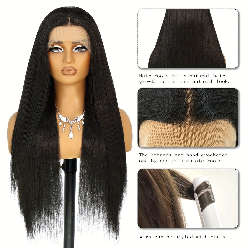 Long Straight Lace Front Wig - Natural Black Synthetic Hair, Pre-Plucked, 180% Density