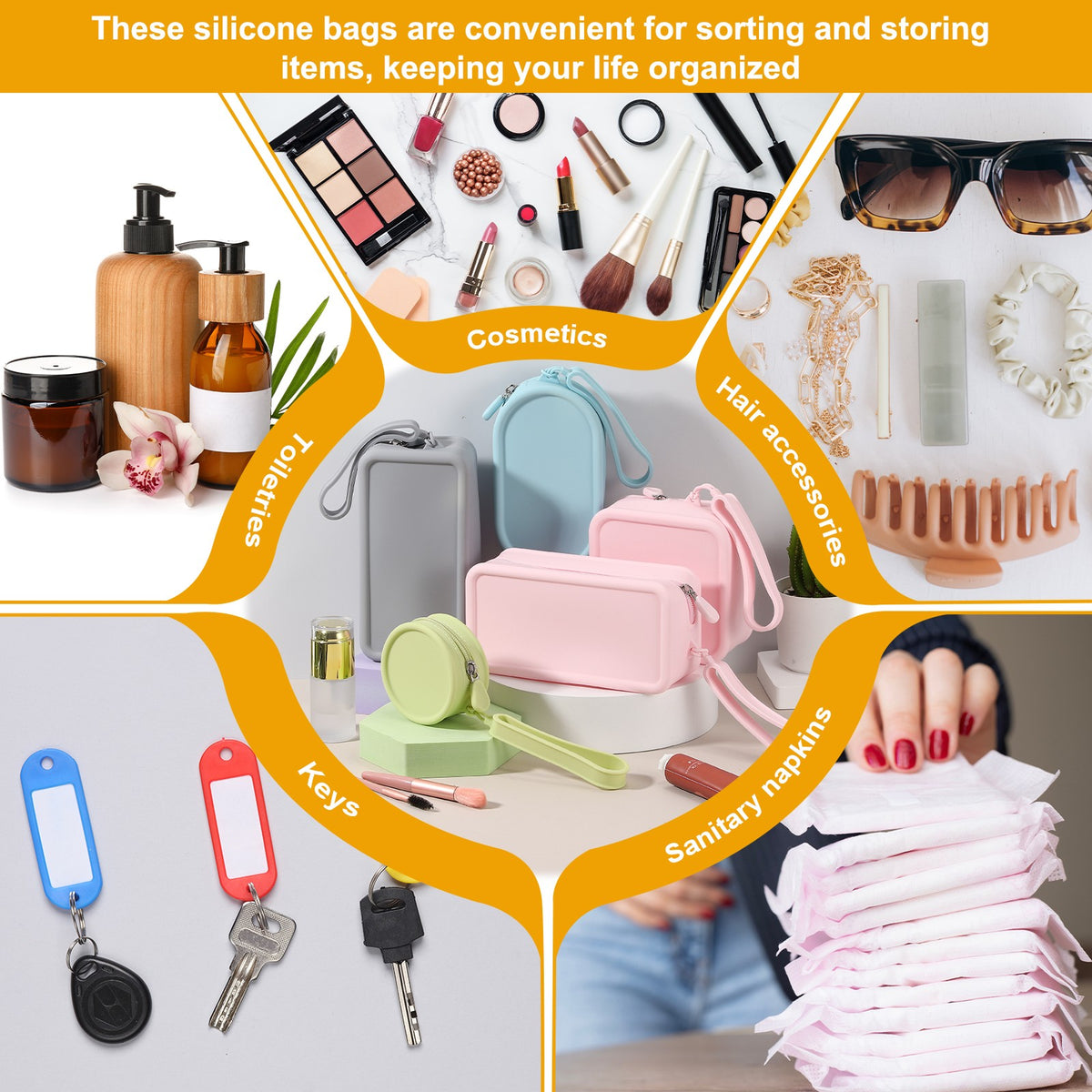 Round Silicone Makeup Bag, Small Pink Toiletry Organizer with Handle