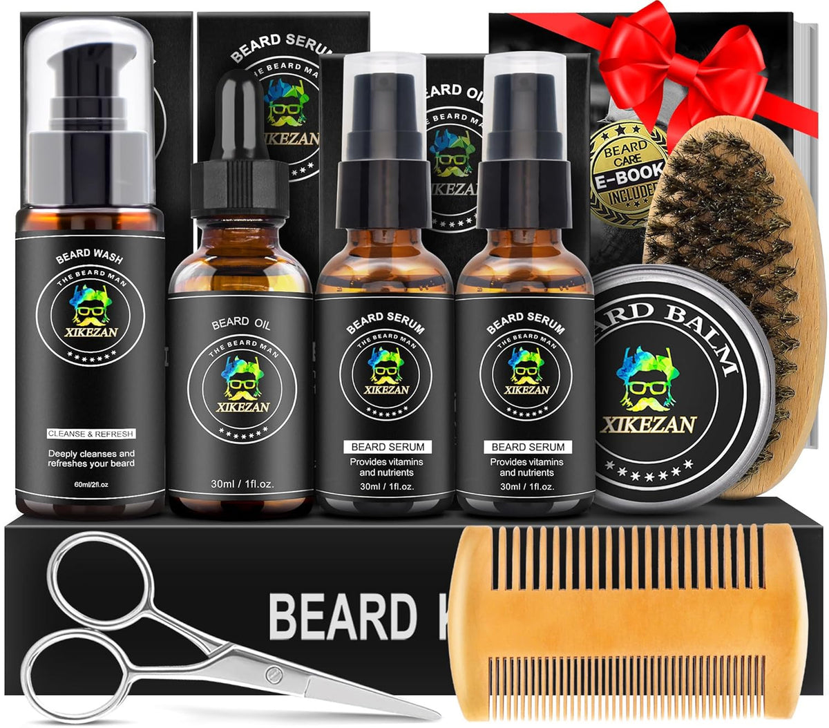 Men's Beard Grooming Kit with Serum Oil Balm & Tools - Complete Care Set