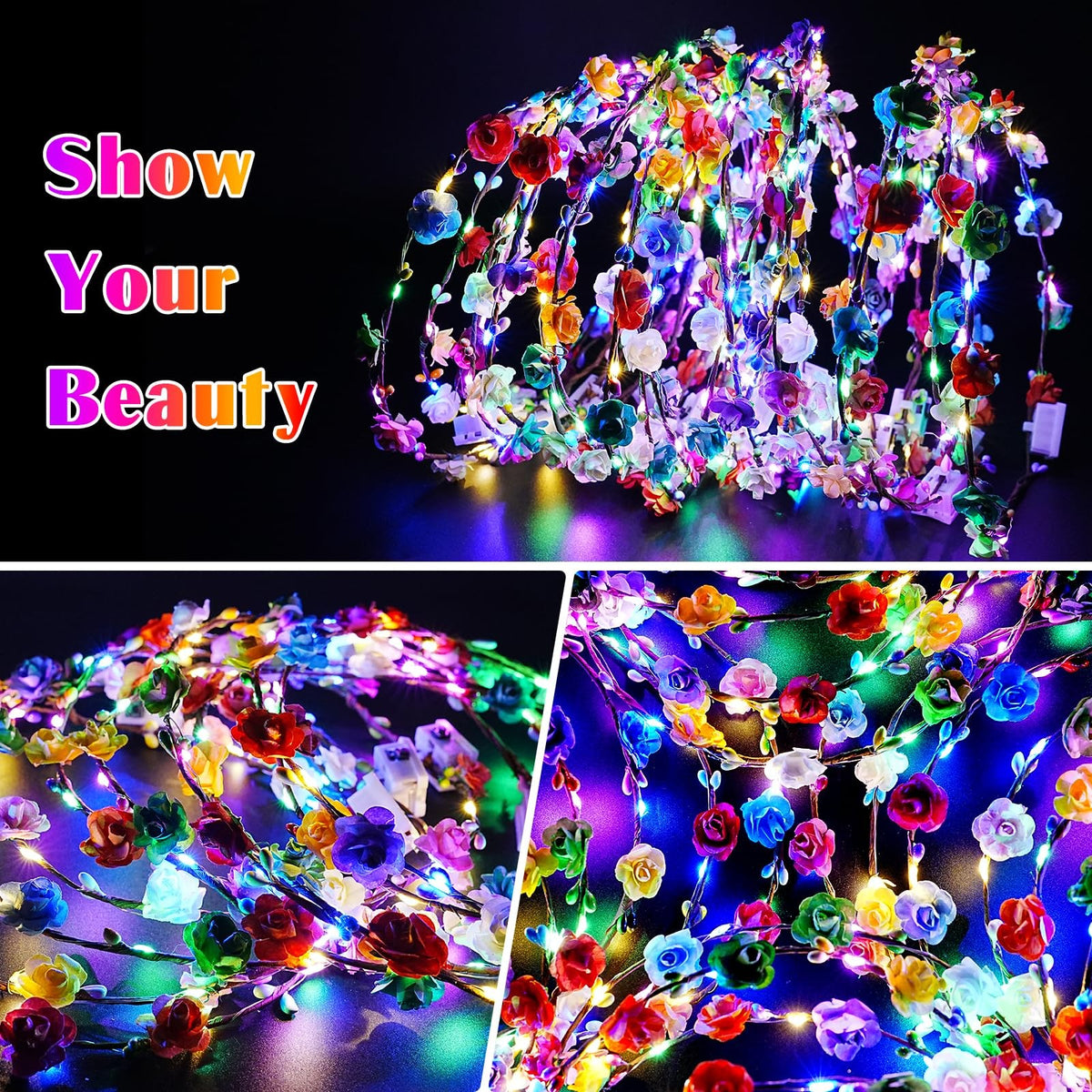 LED Flower Crown Headbands – 24 Pack Light Up Hair Accessories for Kids & Adults