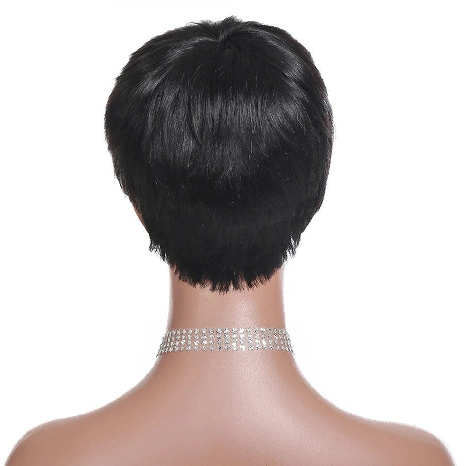 Short Bob Human Hair Wig with Bangs - 6 Inch Straight Pixie Style, Natural Color