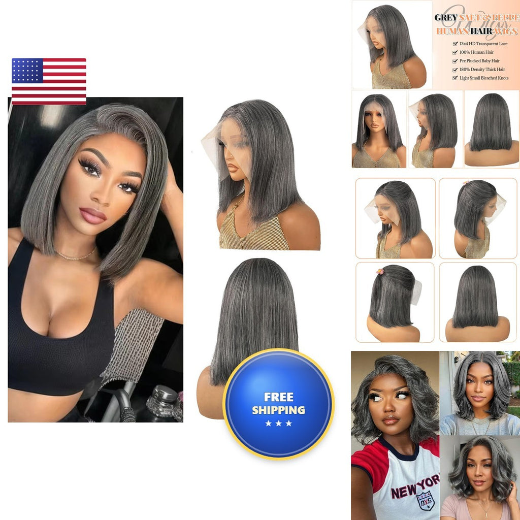 Ombre Grey Bob Wig 13x4 HD Lace Front Human Hair 180% Density Salt & Pepper