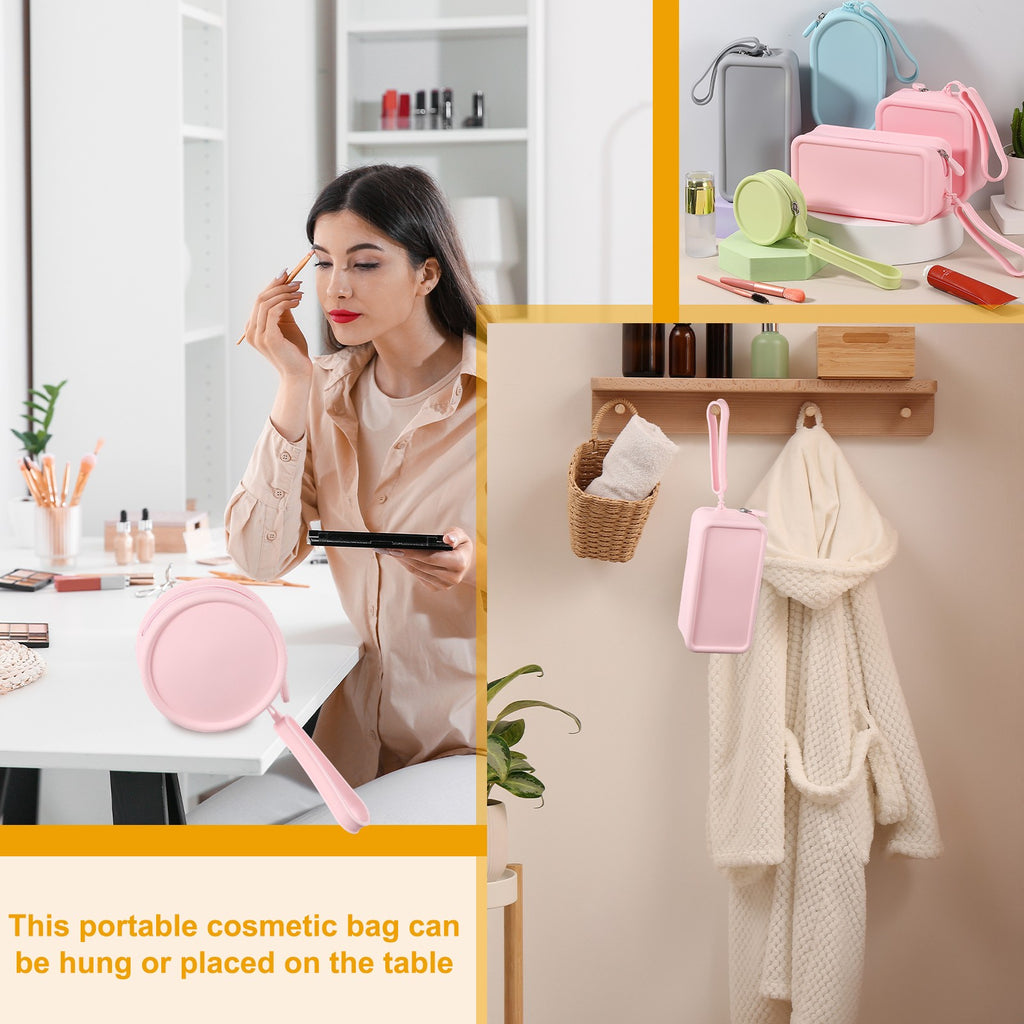 Round Silicone Makeup Bag, Small Pink Toiletry Organizer with Handle