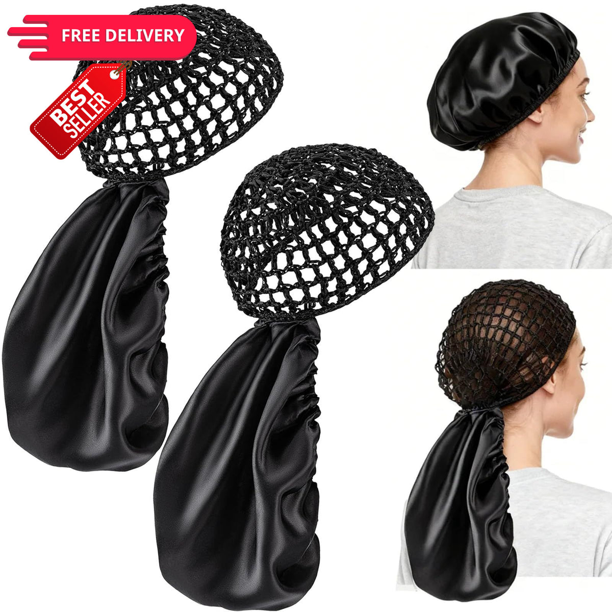 2 Pack Black 2-in-1 Hair Wrap Cap and Bonnet for Silk Press & Natural Hairstyles