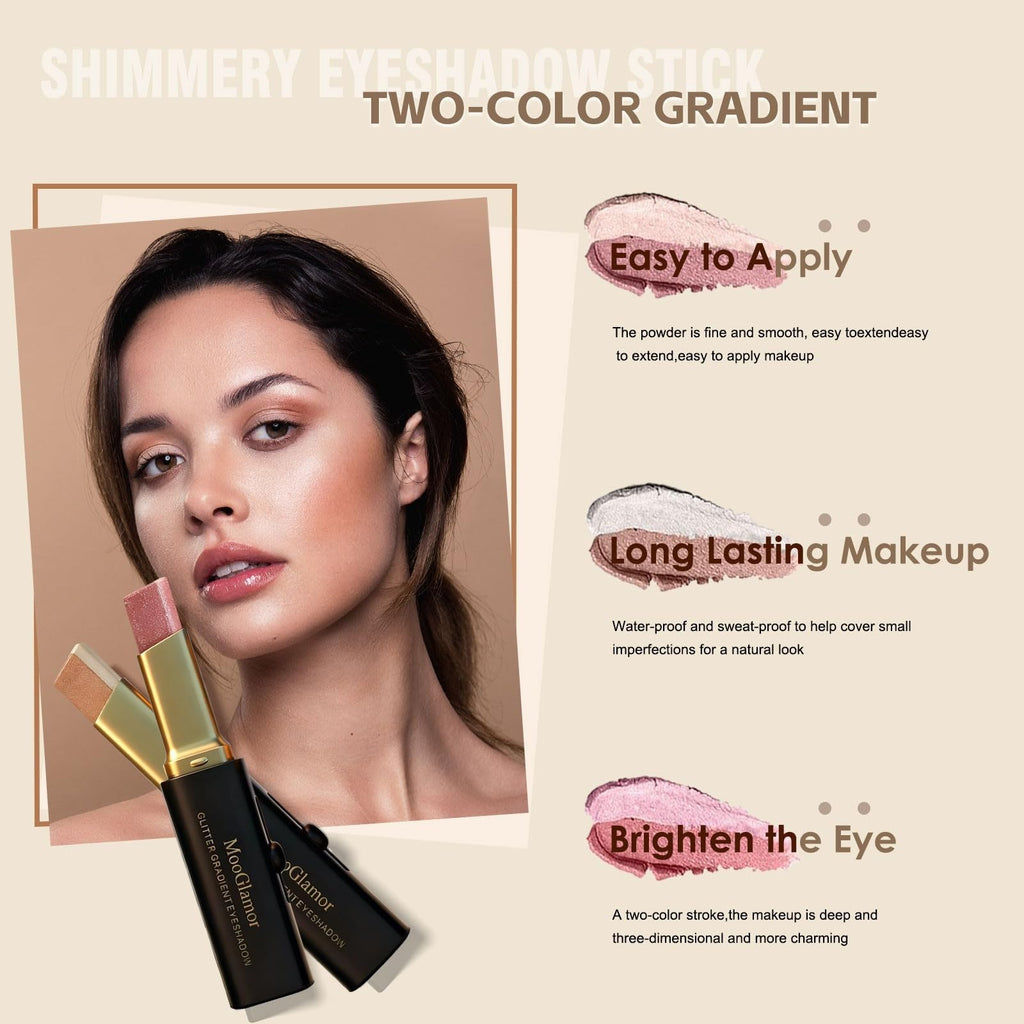 6-Piece Glitter Eye Shadow Sticks Set, Two-Color Gradient Waterproof Shimmer