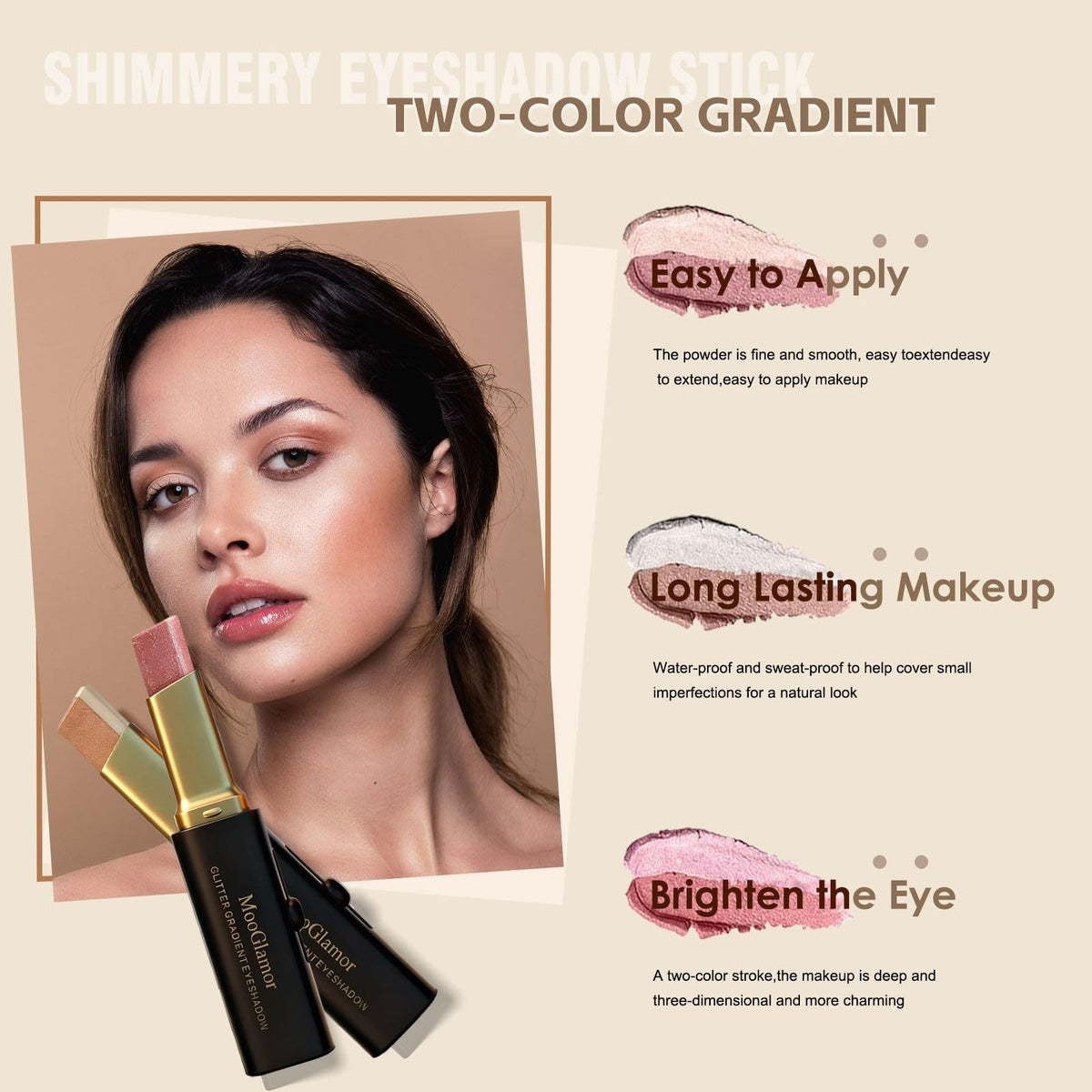 6-Piece Glitter Eye Shadow Sticks Set, Two-Color Gradient Waterproof Shimmer