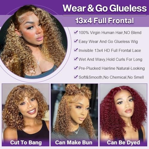 Deep Wave Ombre Honey Blonde Bob Lace Front Wig - 12 Inch Human Hair