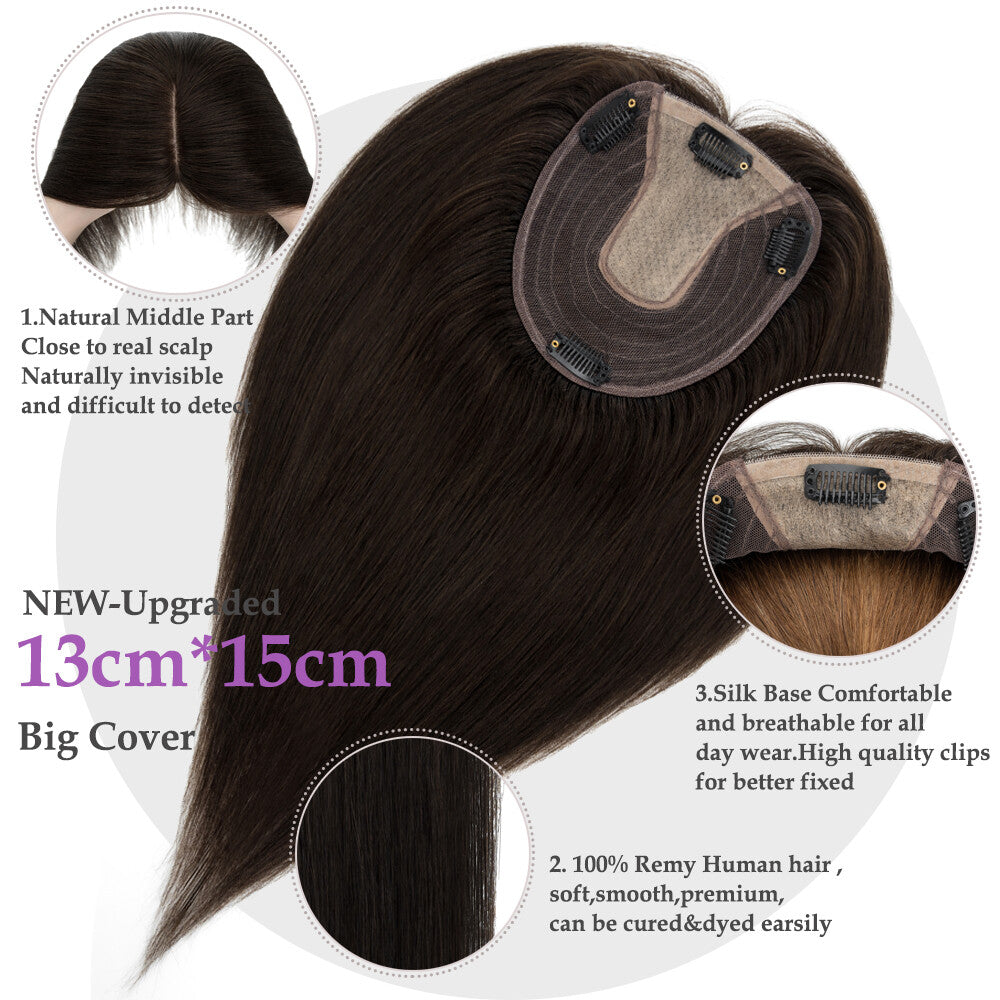 Clip-In Hair Topper with Silk Base - Remy Human Hair, Multiple Sizes & Colors