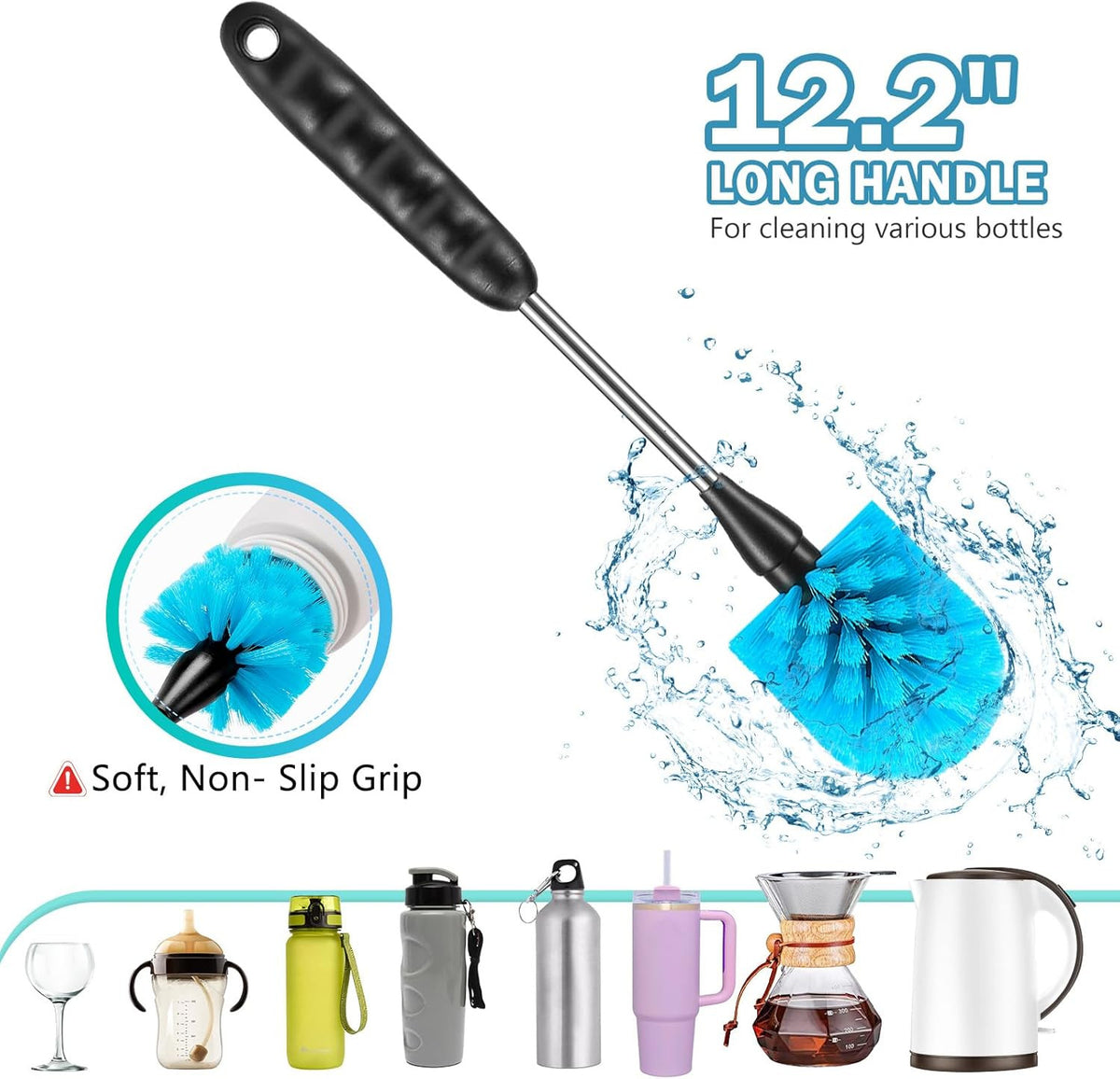 12.2 Inch Bottle Brush Set of 3 for Water Bottles and Cups - Washable Cleaning Kit