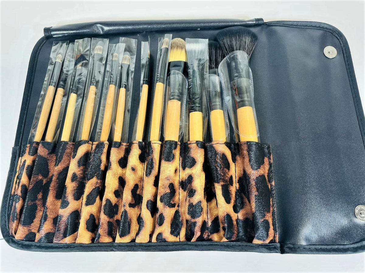 12-Piece Makeup Brush Set with Leopard Print Travel Pouch – Professional Cosmetic Brushes for Face & Eye Makeup