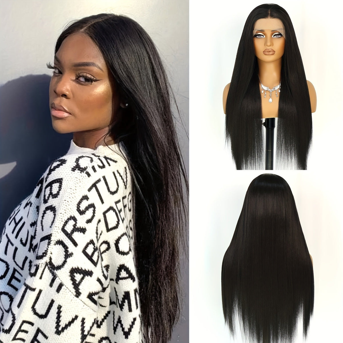 Long Straight Lace Front Wig - Natural Black Synthetic Hair, Pre-Plucked, 180% Density