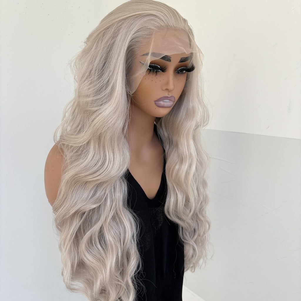Long Wavy Synthetic Lace Front Wig - Heat Resistant Silver Grey Hair
