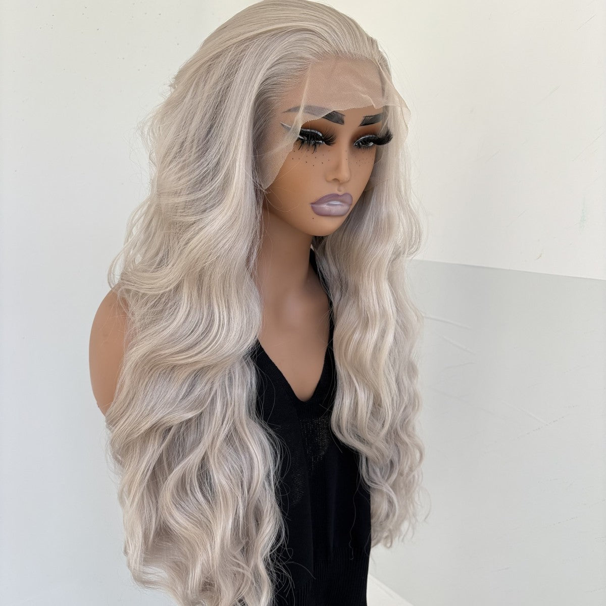 Long Wavy Synthetic Lace Front Wig - Heat Resistant Silver Grey Hair