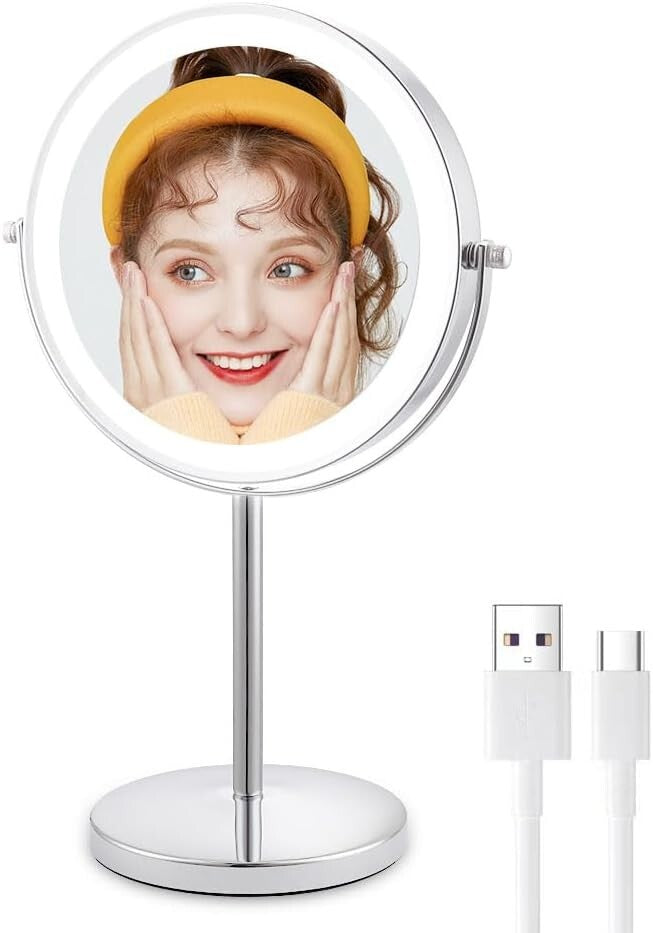 Rechargeable 8-Inch Lighted 1X/10X Magnifying Makeup Mirror with Chrome Finish