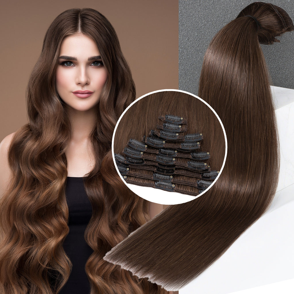 Double Drawn Human Hair Extensions Full Head Clip-In Weft Set - Brown