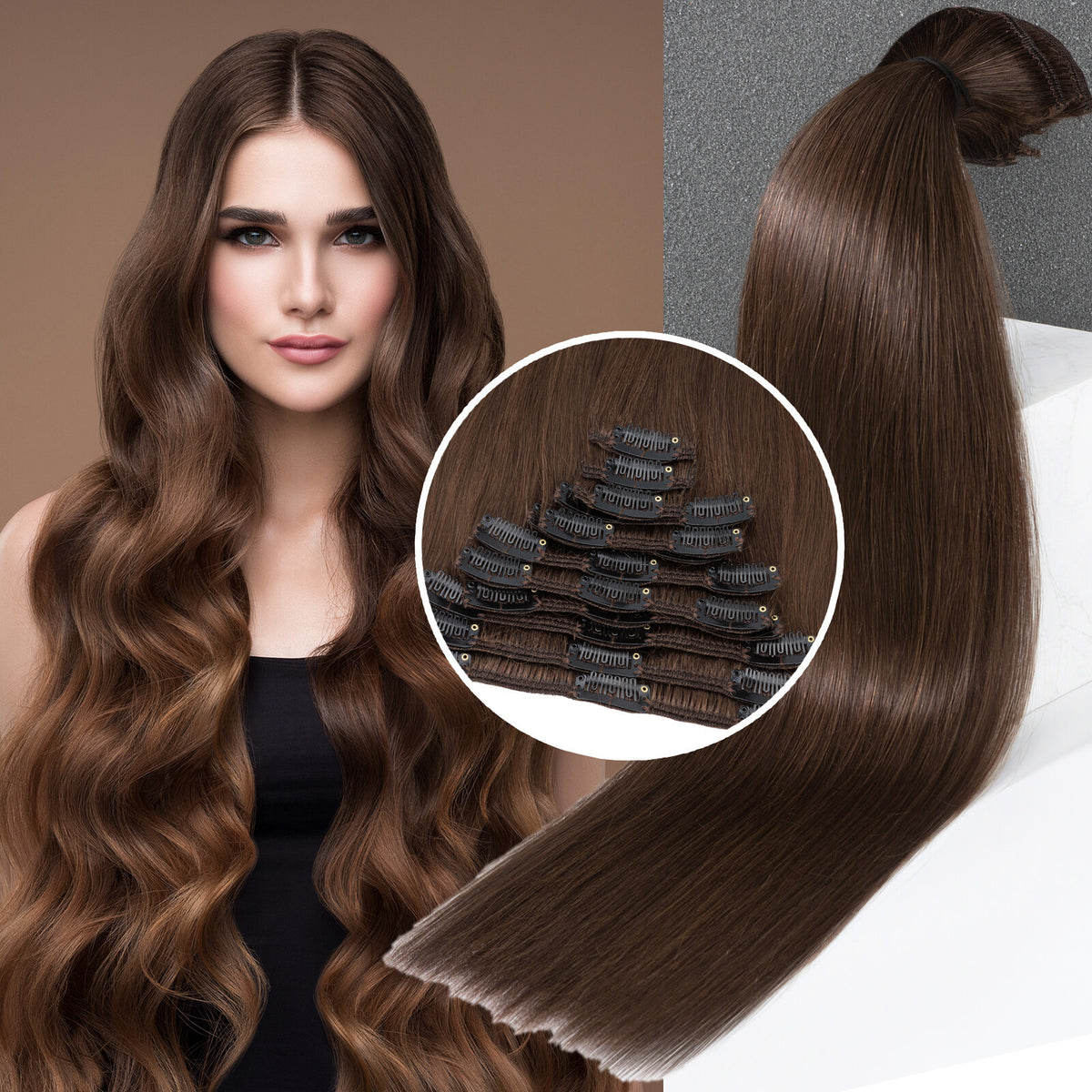 Double Drawn Human Hair Extensions Full Head Clip-In Weft Set - Brown