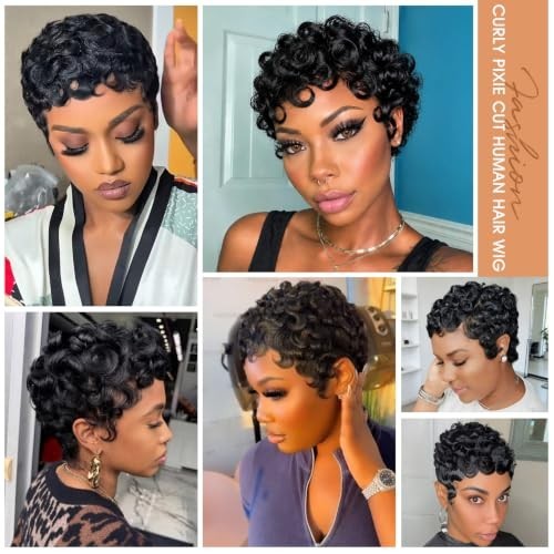 Short Curly Human Hair Wig with 13x4 Lace Front for Women - Natural Black