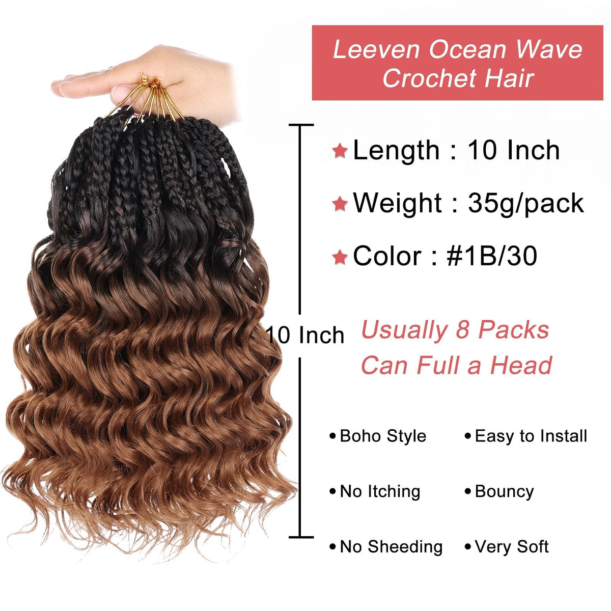 10 Inch Pre Loop Curly Crochet Hair 8 Pack Boho Ocean Wave Synthetic Extensions