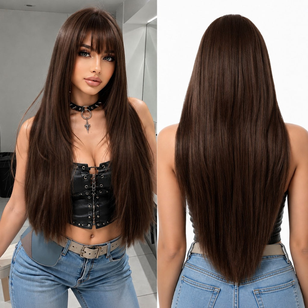 Dark Brown Long Straight Synthetic Cosplay Wig with Bangs for Halloween