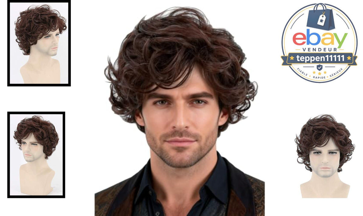 Men's Short Curly Wig Dark Brown Layered Cosplay Halloween Costume Accessory