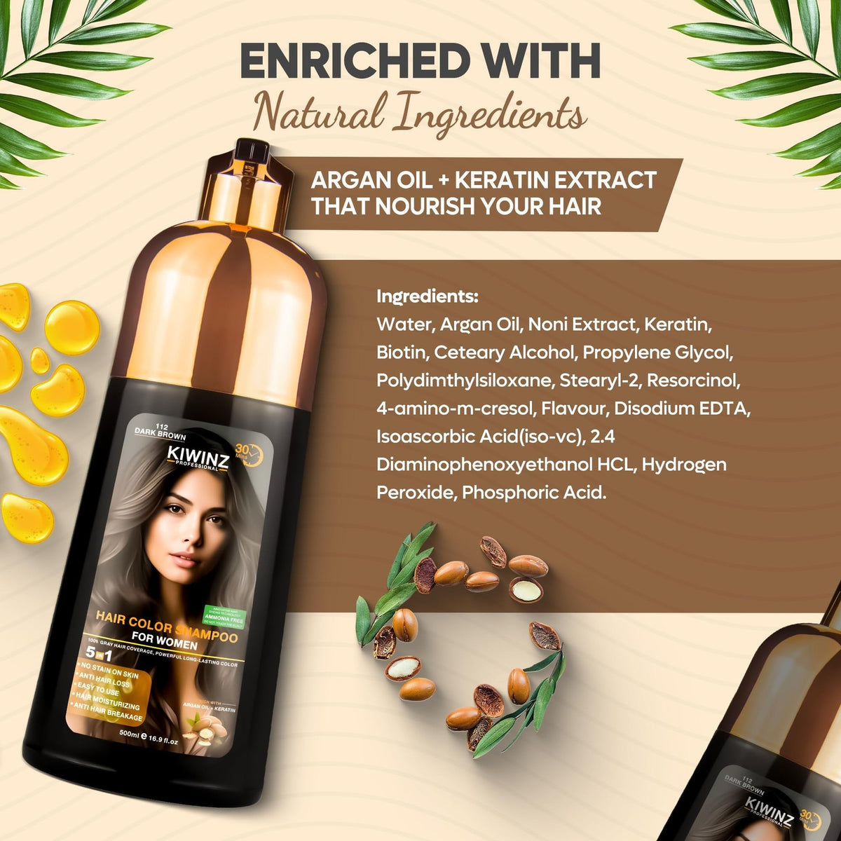 Dark Brown Hair Color Shampoo 5 in 1 Gray Hair Dye - Long Lasting, Ammonia-Free