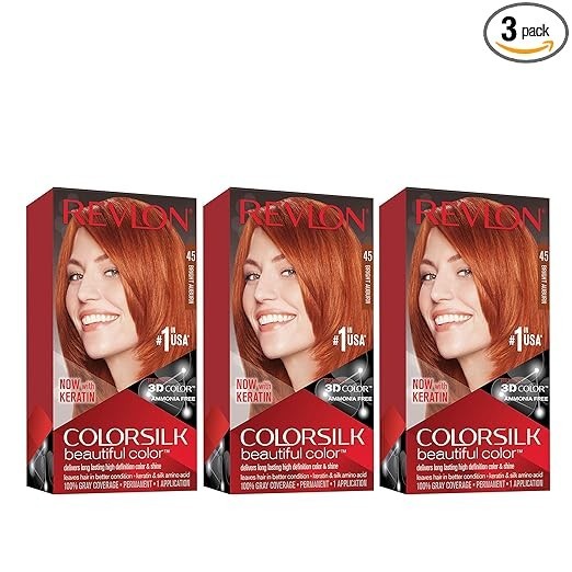 (Pack of 3) Revlon ColorSilk Permanent Hair Color #45 Bright Auburn