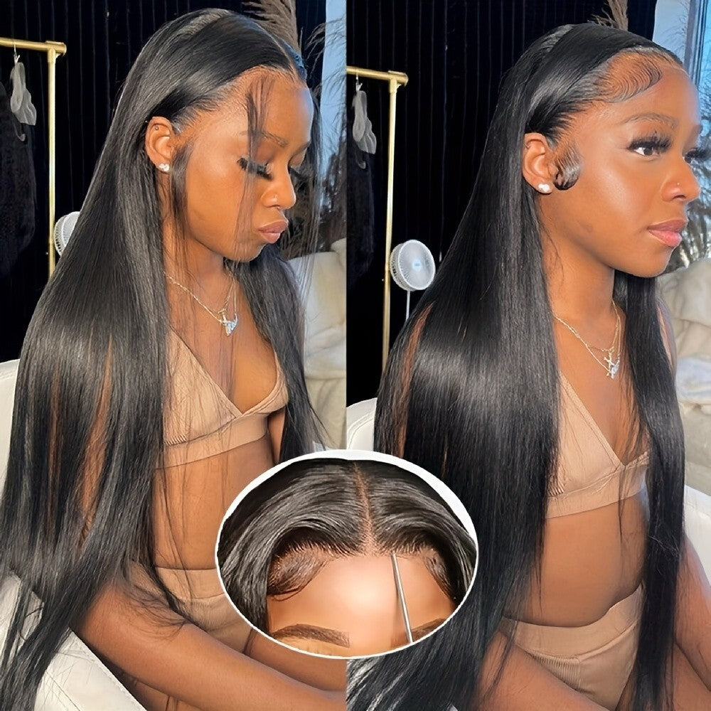 Long Straight Lace Front Wig - Natural Black Synthetic Hair, Pre-Plucked, 180% Density