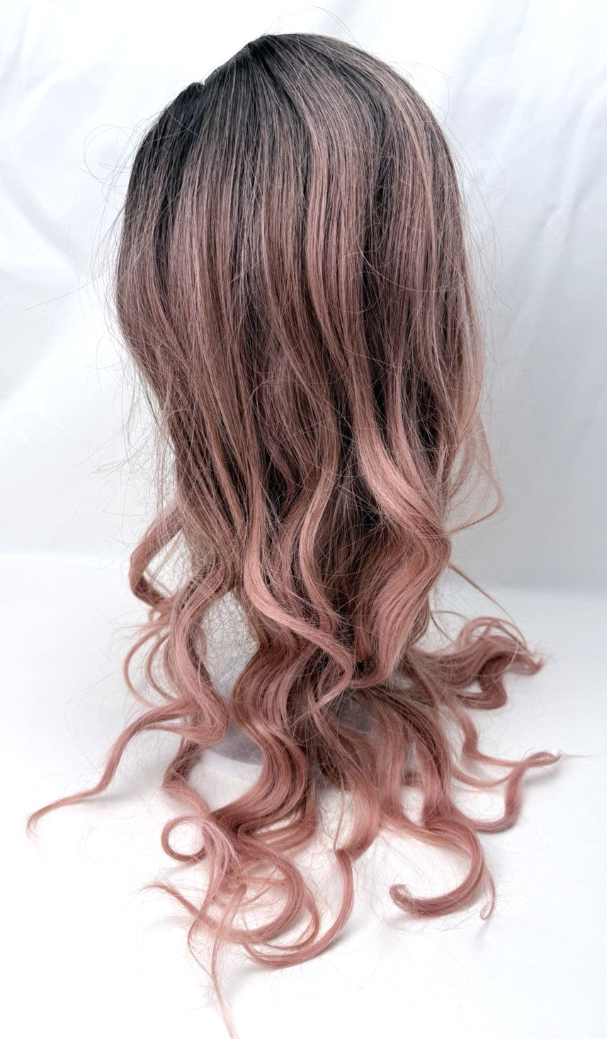 Long Pink Ombre Wavy Wig 26 Inch Synthetic Hair with Middle Part & Adjustable Cap