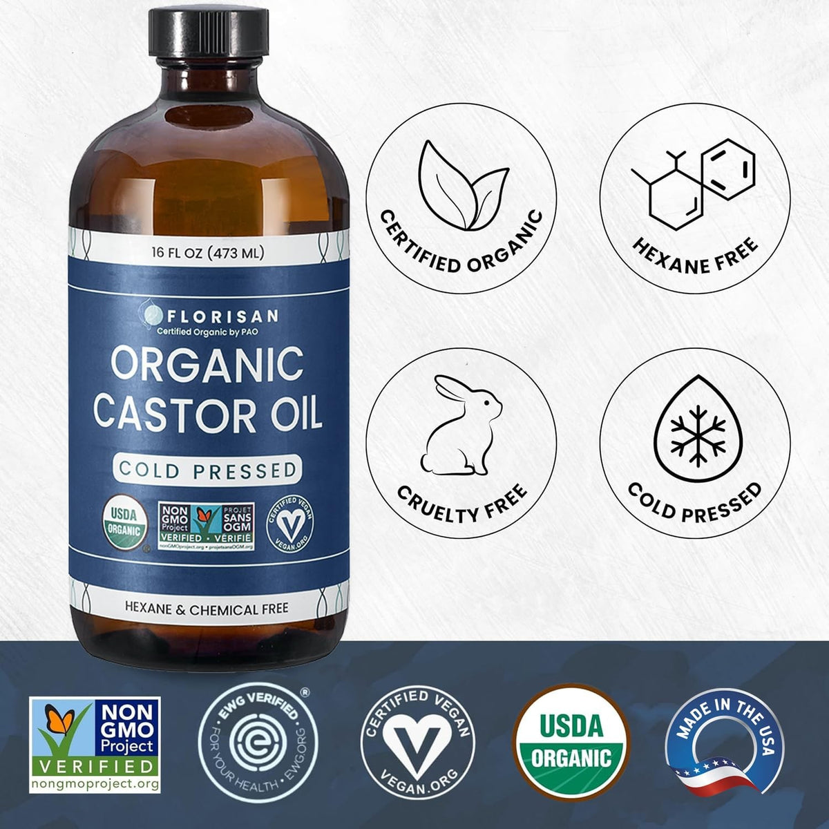 Organic Castor Oil 16oz Glass Bottle - Pure Cold Pressed Skin & Hair Care
