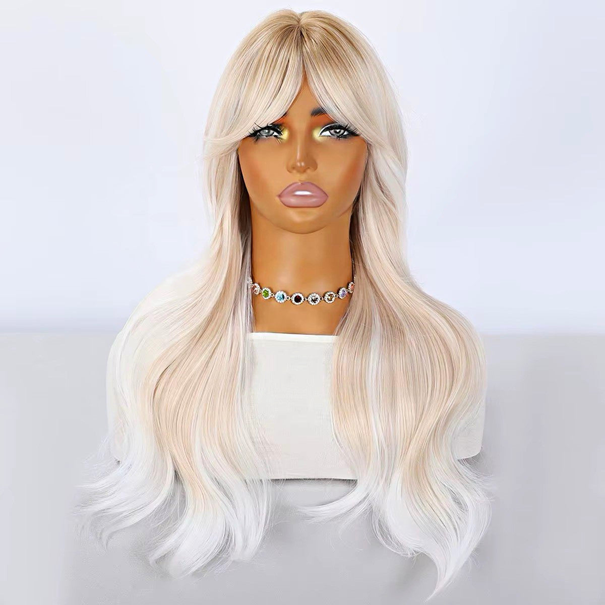 26-Inch White Transparent Lace Front Wig with Bangs for Cosplay Halloween