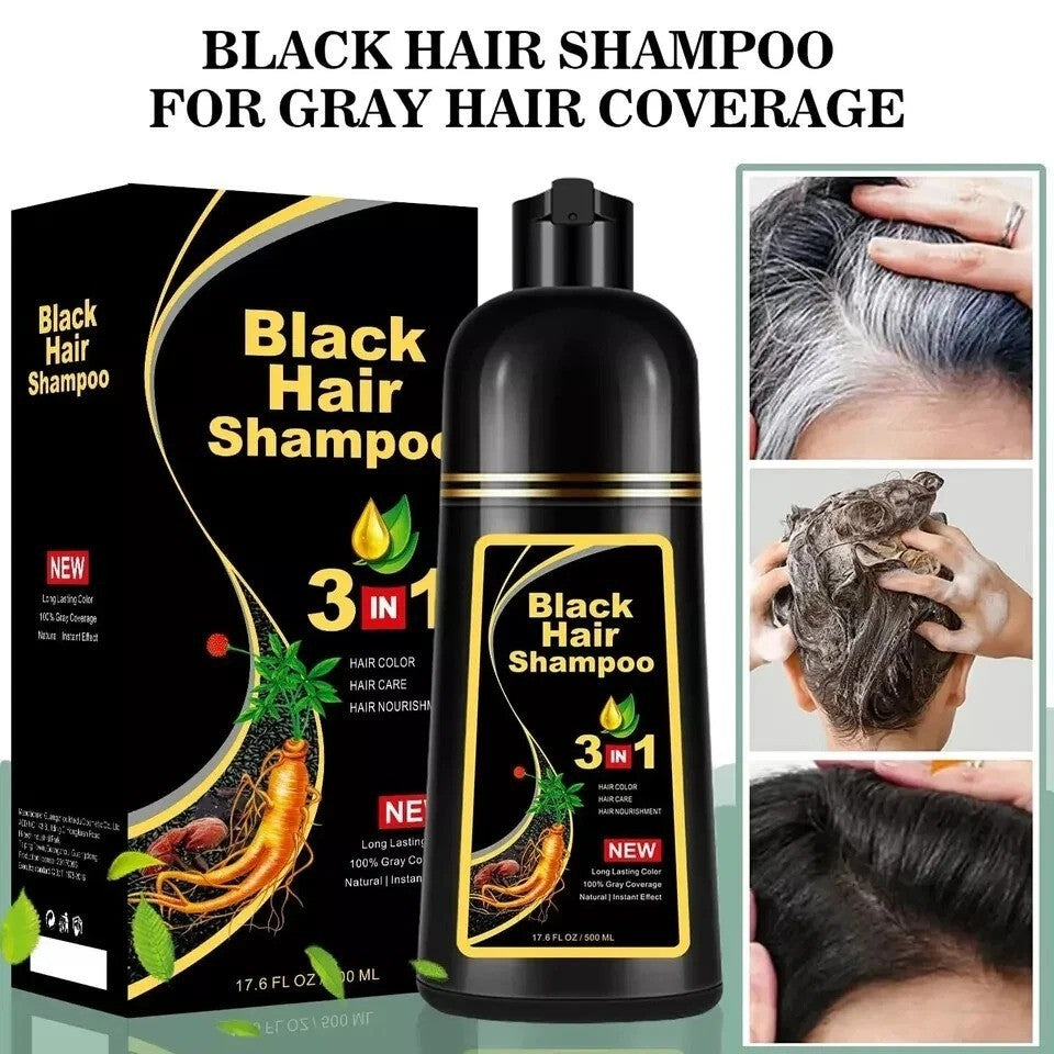 Black Hair Dye Shampoo 3-in-1 Instant Gray Coverage 500mL - Natural Herbal Formula