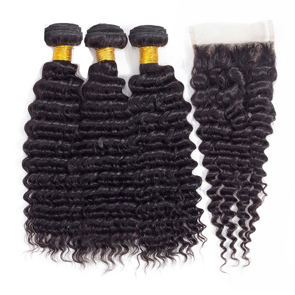 Virgin Human Hair Extensions 3 Bundles with Free Part Lace Closure Deep Wave