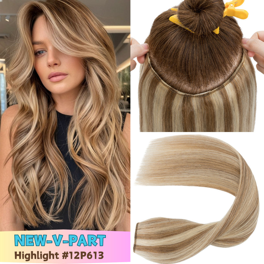 V Shape Clip-In Human Hair Extensions Full Head - Blonde, Remy Virgin