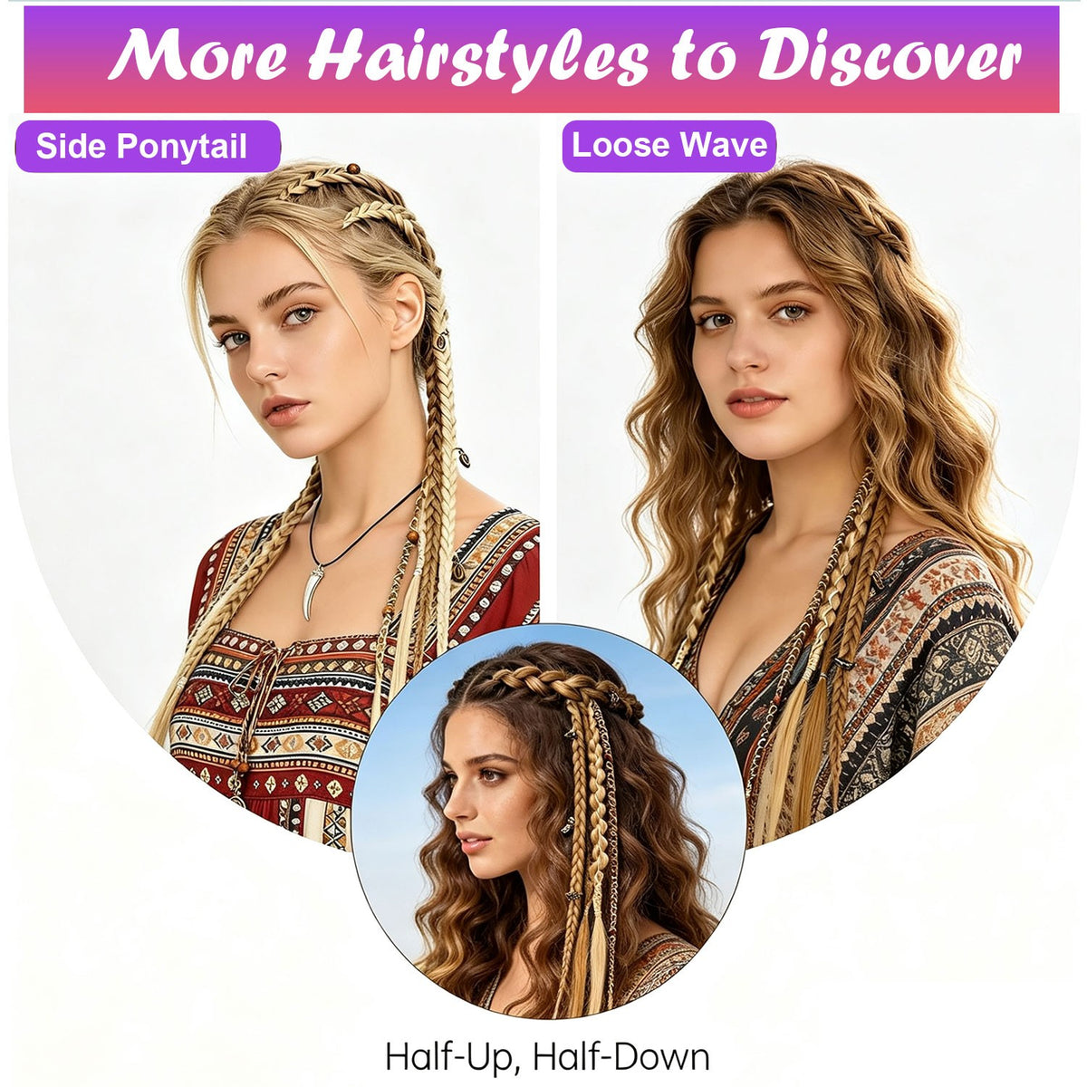 20in Clip-In Boho Dreadlock Braided Hair Extensions with Beads & Charms