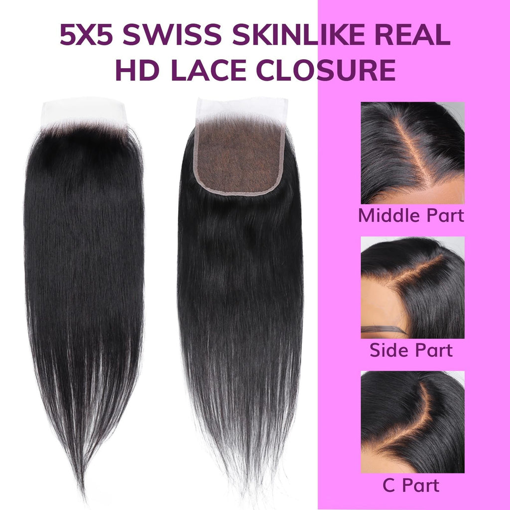 Virgin Human Hair Lace Closure 5x5 Straight 12 Inch Pre Plucked