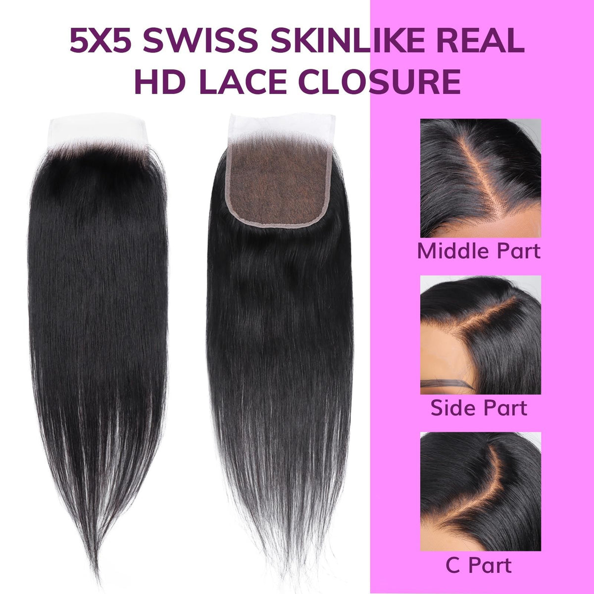 Virgin Human Hair Lace Closure 5x5 Straight 12 Inch Pre Plucked