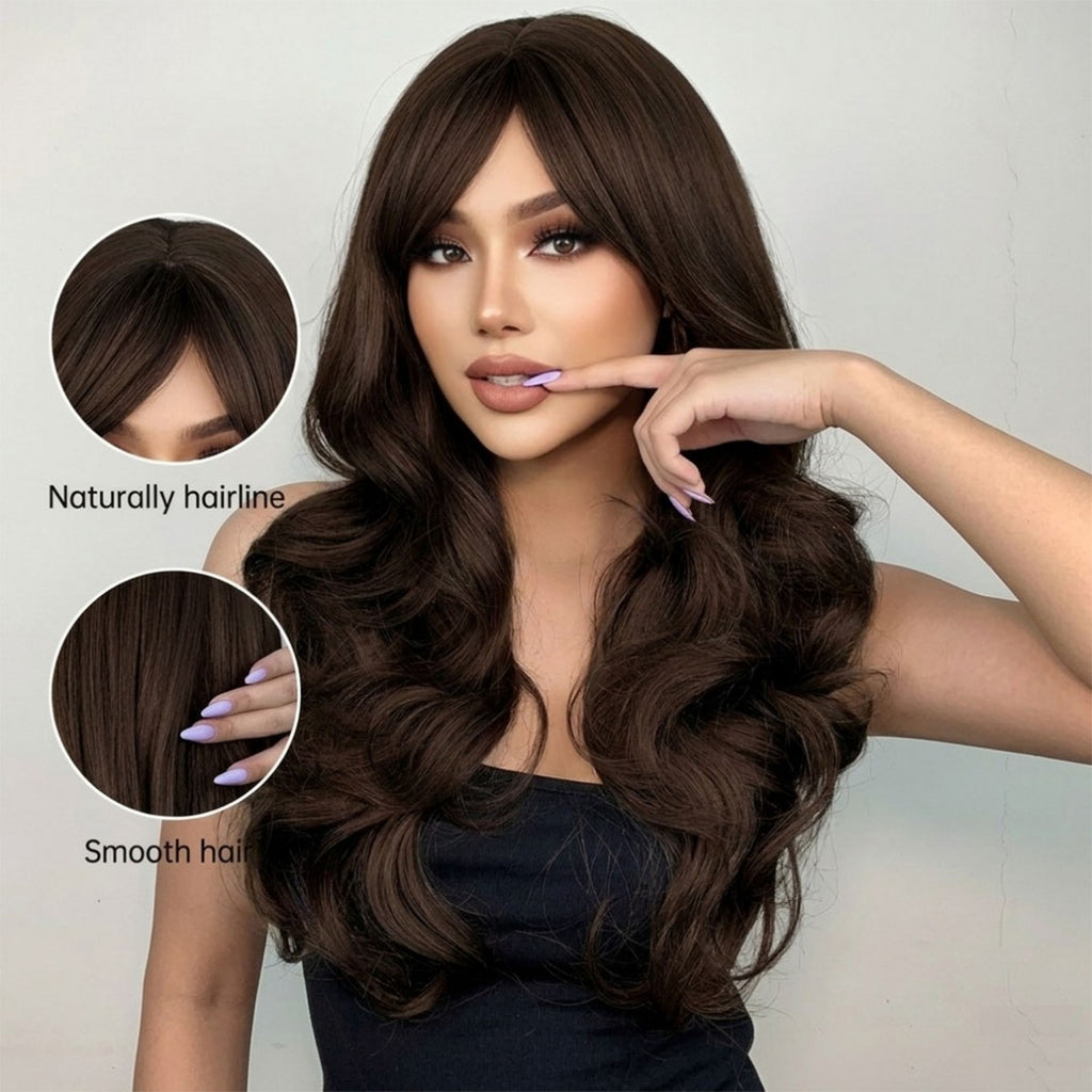 Women Dark Brown Long Wavy Synthetic Costume Wig with Bangs