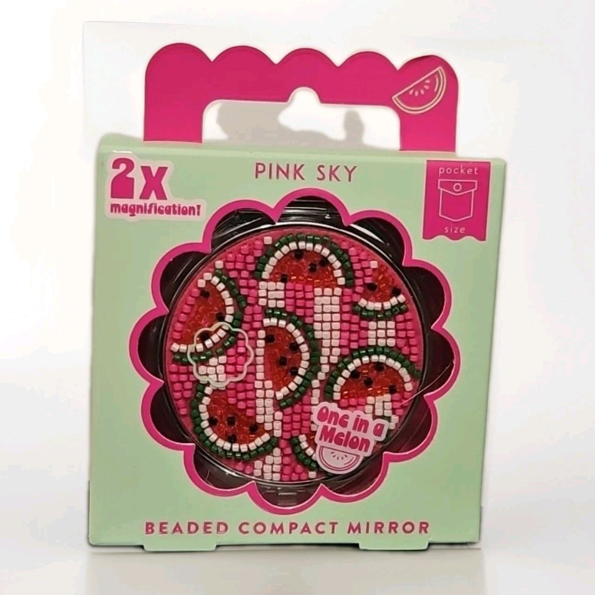 Pink Beaded Compact Mirror – Pocket-Sized Purse Makeup Mirror