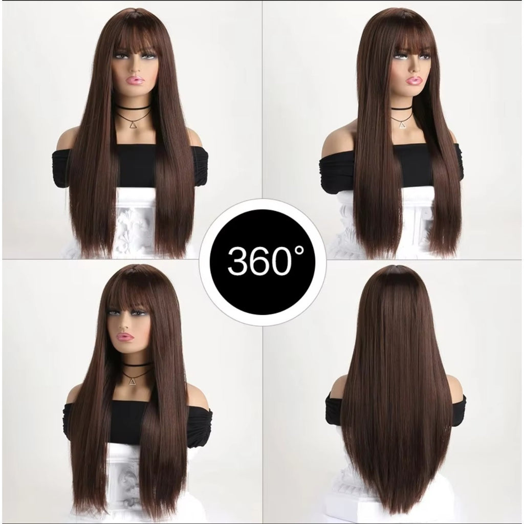 Dark Brown Long Straight Synthetic Wig with Bangs - Beginner Friendly Cosplay Hair
