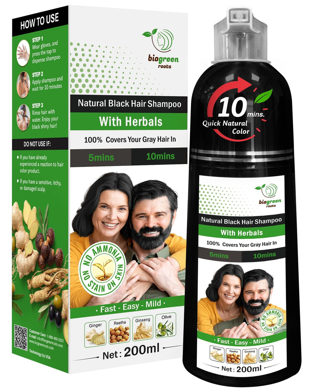 Herbal Hair Dye Shampoo for Black Hair - Nourishing & Gray Covering, 200ml