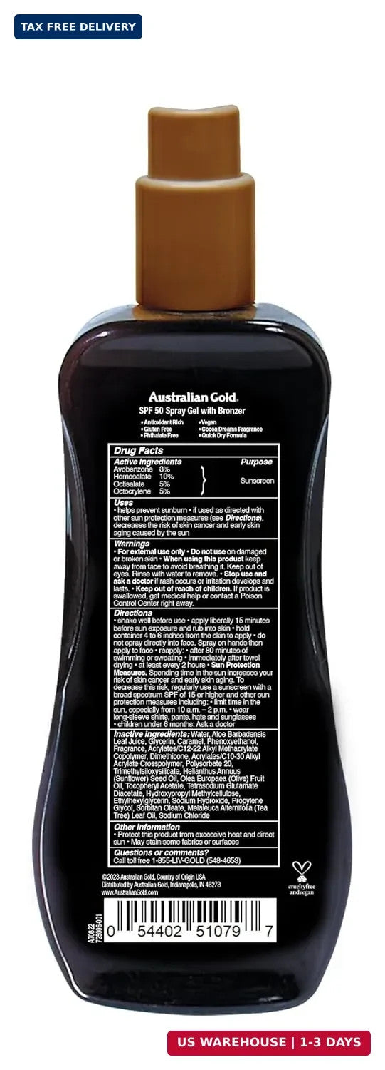 SPF 50 Sunscreen Spray Gel with Instant Bronzer - Water Resistant Moisturizing Sun Protection 8oz