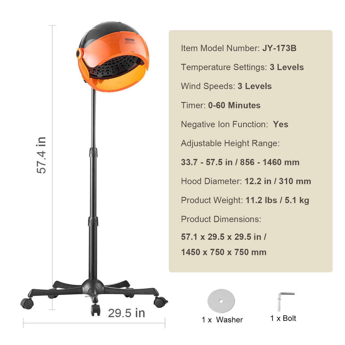 Ionic Hooded Hair Dryer 1875W with Negative Ion Technology, 9 Settings & Adjustable Height