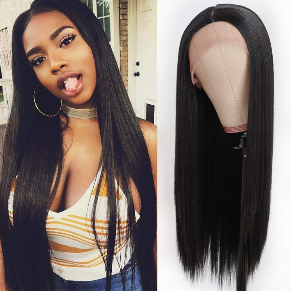 Heat Resistant Synthetic Lace Front Wig Long Black Straight Glueless Hair