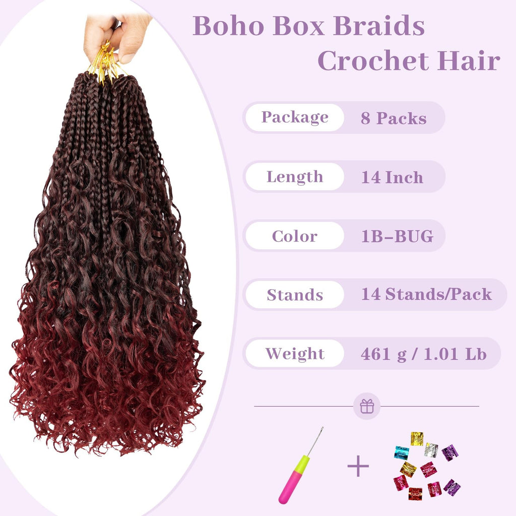 Boho Box Braids Crochet Hair 14 Inch Curly Ends Synthetic for Black Women